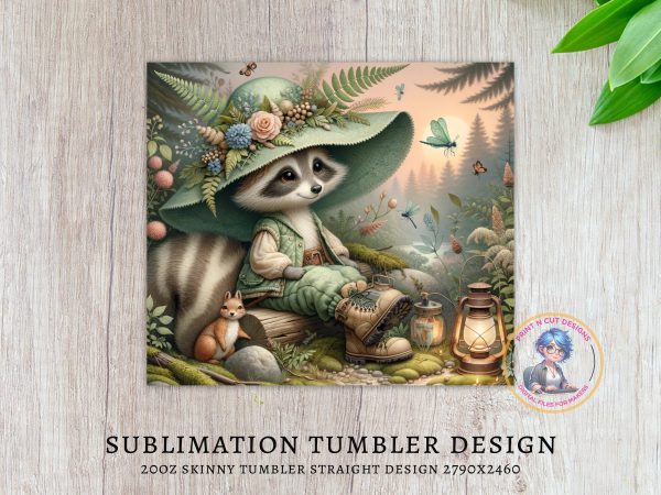 Hiking Camping Raccoon Tumbler Wrap, Cute Animal Design, Floral Hat, 20oz Skinny Tumbler, Nature Scene, Woodland Creature, Gift Idea - Image 3
