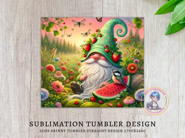 Garden Gnome 20oz Sublimation Skinny Tumbler Wrap, Cute Bird, Strawberry, Watermelon, Floral Design, DIY, Summer, Unique Gift Idea - Image 3