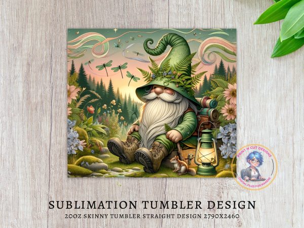 Forest Gnome Tumbler Wrap, 20oz Skinny Sublimation Design, Nature Art, Cute Fantasy, Dragonflies, Outdoor Adventure - Image 3